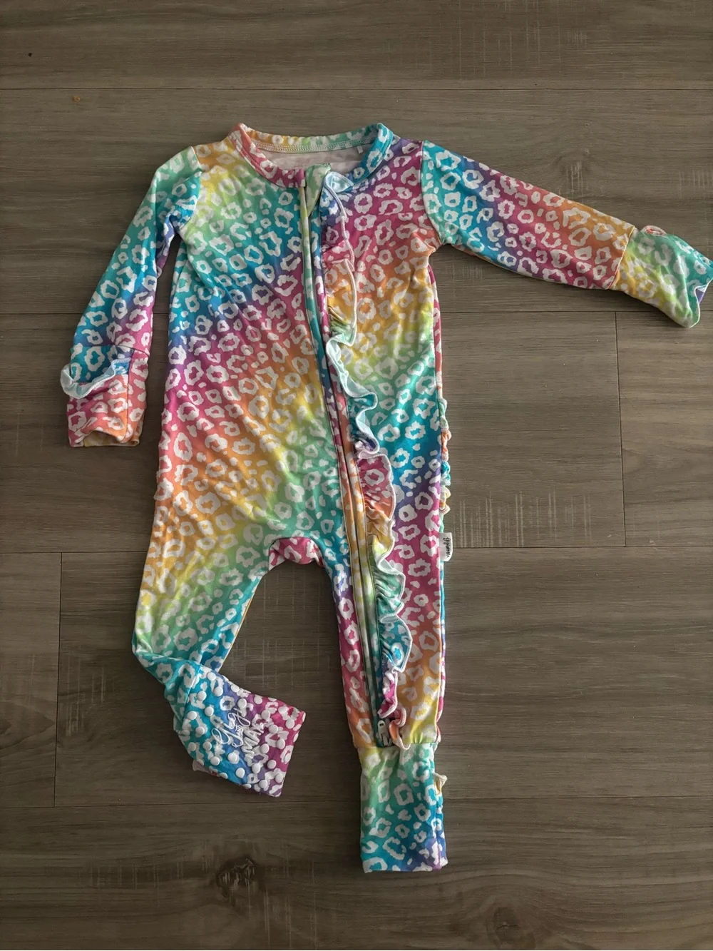 Baby Girls Rainbow Leopard-Print Ruffle Footie One-Piece Bamboo nwot